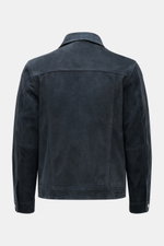 Officine Générale Velourslederjacke 'Loki' graublau, Slim Fit, aus Ziegen-Veloursleder, Rückansicht mit Umlegekragen und Manschetten.