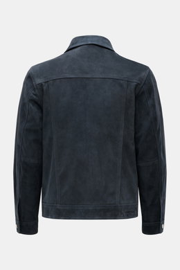 Officine Générale Velourslederjacke 'Loki' graublau, Slim Fit, aus Ziegen-Veloursleder, Rückansicht mit Umlegekragen und Manschetten.