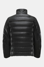 Parajumpers Lederjacke 'Ernie' schwarz, Rückansicht, butterweiches Leder, gesteppte Wattierung, Stehkragen mit Knopfriegel, Slim Fit, Zipperdetails.