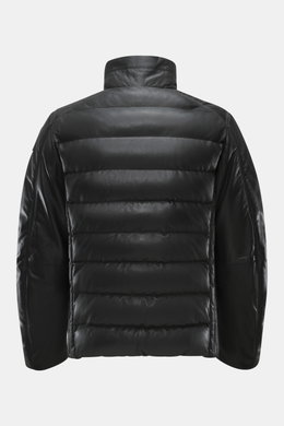 Parajumpers Lederjacke 'Ernie' schwarz, Rückansicht, butterweiches Leder, gesteppte Wattierung, Stehkragen mit Knopfriegel, Slim Fit, Zipperdetails.