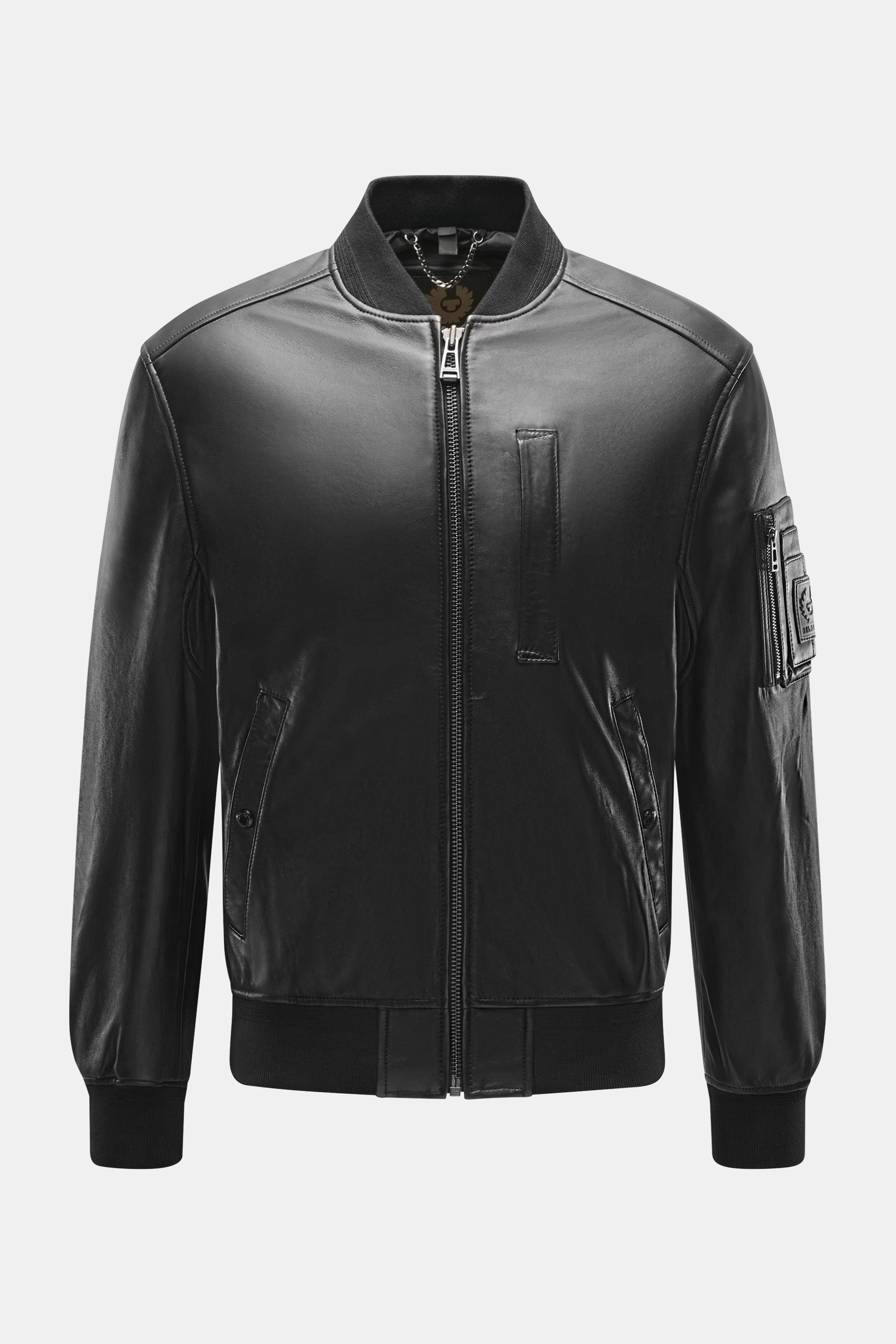 Belstaff Leather Blouson 'Marker Jacket' black front view, slim fit soft sheepskin leather with knitted collar, zipper pockets, BELSTAFF logo on sleeve, elastic cuffs, two-way zipper, smooth lining, inner pocket. The leather blouson 'Marker Jacket' is the