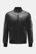 Belstaff Leather Blouson 'Marker Jacket' black front view, slim fit soft sheepskin leather with knitted collar, zipper pockets, BELSTAFF logo on sleeve, elastic cuffs, two-way zipper, smooth lining, inner pocket. The leather blouson 'Marker Jacket' is the