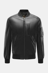 Belstaff Leather Blouson 'Marker Jacket' black front view, slim fit soft sheepskin leather with knitted collar, zipper pockets, BELSTAFF logo on sleeve, elastic cuffs, two-way zipper, smooth lining, inner pocket. The leather blouson 'Marker Jacket' is the