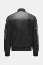 Belstaff Leather Blouson 'Marker Jacket' black shown from the back, soft sheepskin leather, slim fit, knitted collar, zipper and snap pockets, elastic cuffs, smooth lining, robust two-way zipper, and inner pocket. The leather blouson 'Marker Jacket' is th