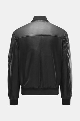 Belstaff Leather Blouson 'Marker Jacket' black shown from the back, soft sheepskin leather, slim fit, knitted collar, zipper and snap pockets, elastic cuffs, smooth lining, robust two-way zipper, and inner pocket. The leather blouson 'Marker Jacket' is th