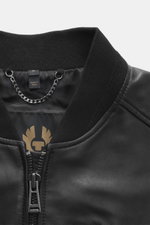 Close-up front view of Belstaff Leather Blouson 'Marker Jacket' black, showcasing soft sheepskin leather, slim fit, knitted collar, and robust zipper.

Description: <p>The leather blouson 'Marker Jacket' is the perfect jacket for autumn – soft sheepskin l