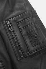 Close-up front side view of Belstaff Leather Blouson 'Marker Jacket' black showing soft sheepskin leather, zipper pocket, BELSTAFF logo patch, and detailed stitching.

Description: <p>The leather blouson 'Marker Jacket' is the perfect jacket for autumn – 