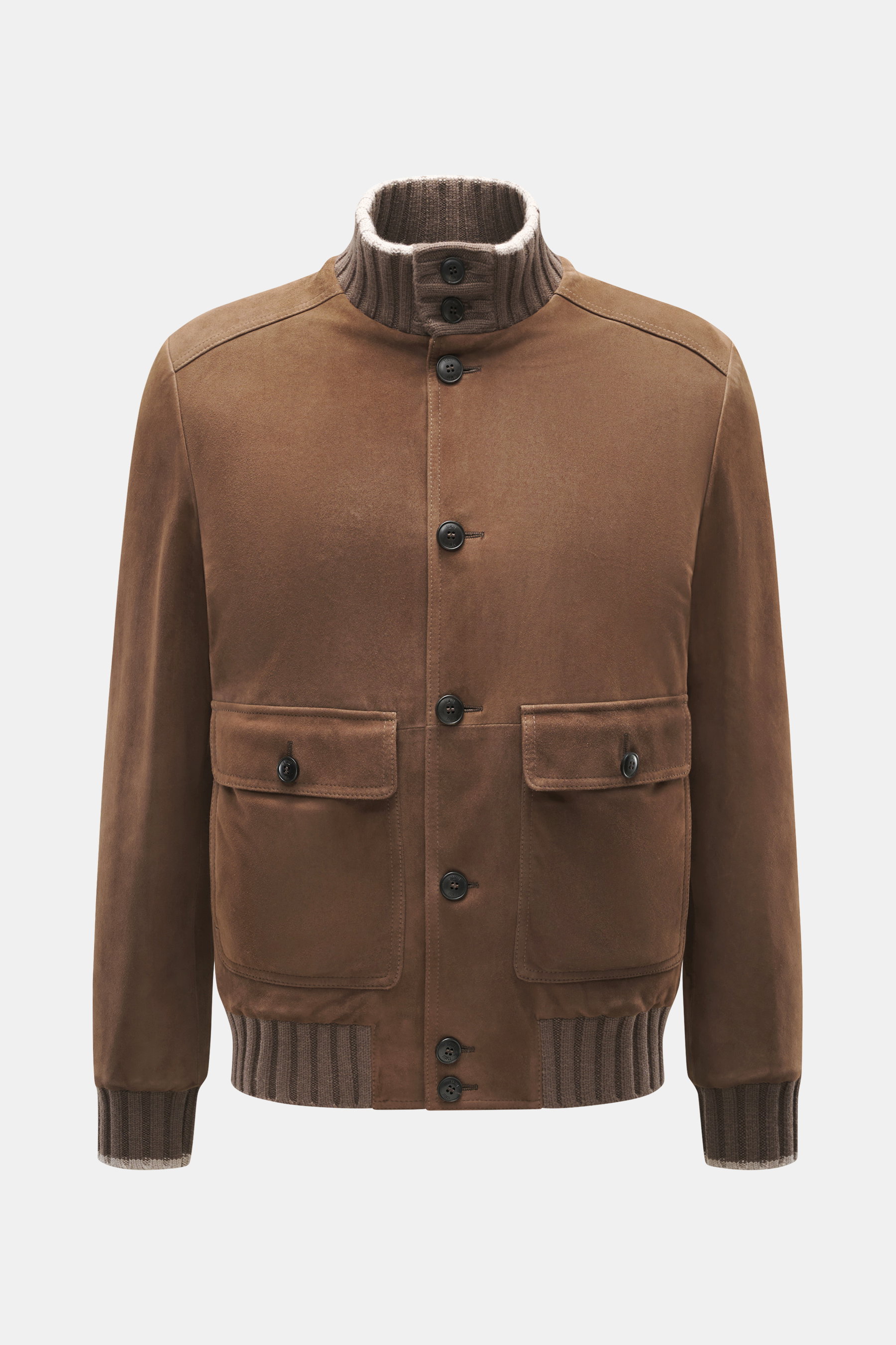 Front view of the Fedeli Velour Leather Blouson 'Verbier' grey-brown in soft velour leather with knitted cashmere details, six-button placket, ribbed high-neck collar, patch pockets with flap and button, elastic hem and cuffs, two inside pockets, and soft