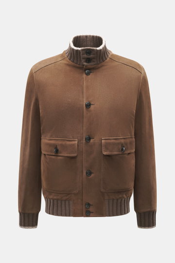 Front view of the Fedeli Velour Leather Blouson 'Verbier' grey-brown in soft velour leather with knitted cashmere details, six-button placket, ribbed high-neck collar, patch pockets with flap and button, elastic hem and cuffs, two inside pockets, and soft