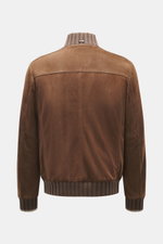 Fedeli Veloursleder-Blouson 'Verbier' graubraun, Rückansicht, softes Veloursleder, Cashmere Strickdetails, Slim Fit, elastische Bündchen, hoher Kragen.