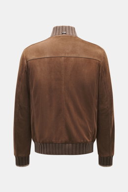 Fedeli Veloursleder-Blouson 'Verbier' graubraun, Rückansicht, softes Veloursleder, Cashmere Strickdetails, Slim Fit, elastische Bündchen, hoher Kragen.