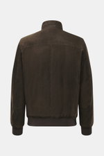 Mandelli Veloursleder Blouson dunkelbraun von hinten, edles Veloursleder, softer Griff, Regular Fit, Stehkragen mit Strickbesatz, Rippbündchen.