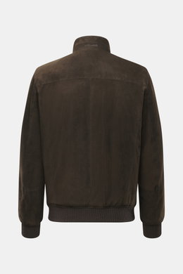 Mandelli Veloursleder Blouson dunkelbraun von hinten, edles Veloursleder, softer Griff, Regular Fit, Stehkragen mit Strickbesatz, Rippbündchen.