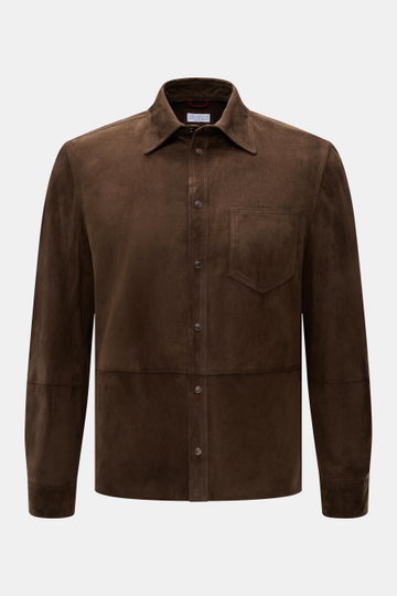 Front view of Brunello Cucinelli Velourslederjacke beige, a slim fit, ultrasoft suede field jacket with chest pocket, snap buttons, and collar.