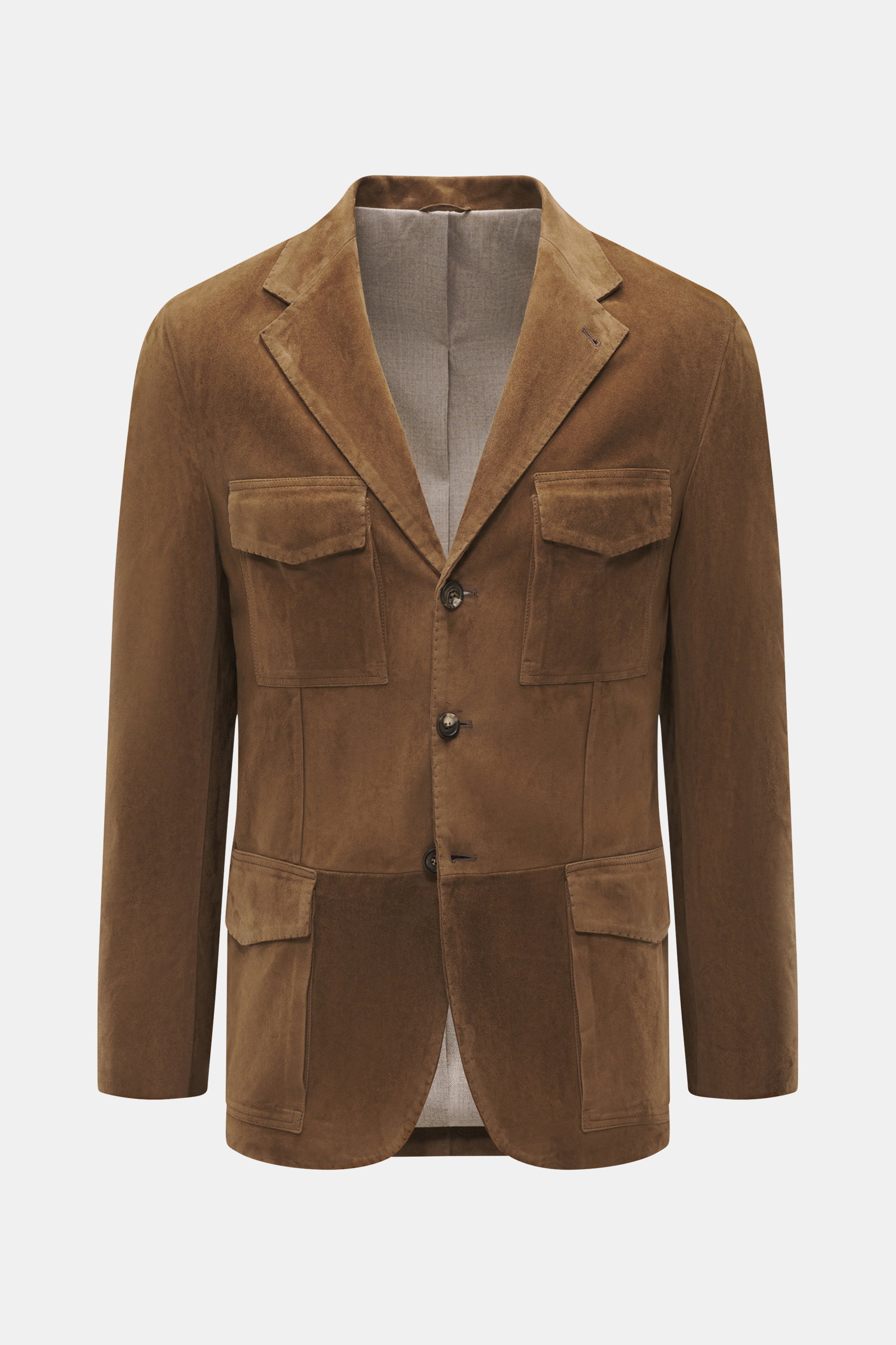 Rifugio Veloursleder-Sakko braun, Frontansicht, Slim Fit, geschmeidiges Veloursleder, drei Knöpfe, fallendes Revers, Brust- und Hüfttaschen, weiches Schurwollfutter.