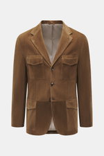 Front view of Rifugio Brown Suede Blazer showcasing supple suede leather, slim fit, notched lapel, three-button style, patch pockets, button cuffs, rear vents, and soft virgin wool lining.