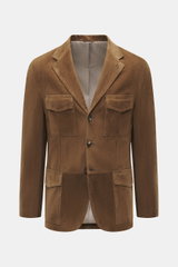 Front view of Rifugio Brown Suede Blazer showcasing supple suede leather, slim fit, notched lapel, three-button style, patch pockets, button cuffs, rear vents, and soft virgin wool lining.