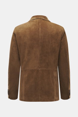 Rifugio Brown Suede Blazer shown from the back, made of supple suede leather with soft touch, slim fit, notched lapel, three-button style, patch chest and hip pockets, sleeve cuffs with buttons, rear side vents, soft virgin wool lining, and two inner pock
