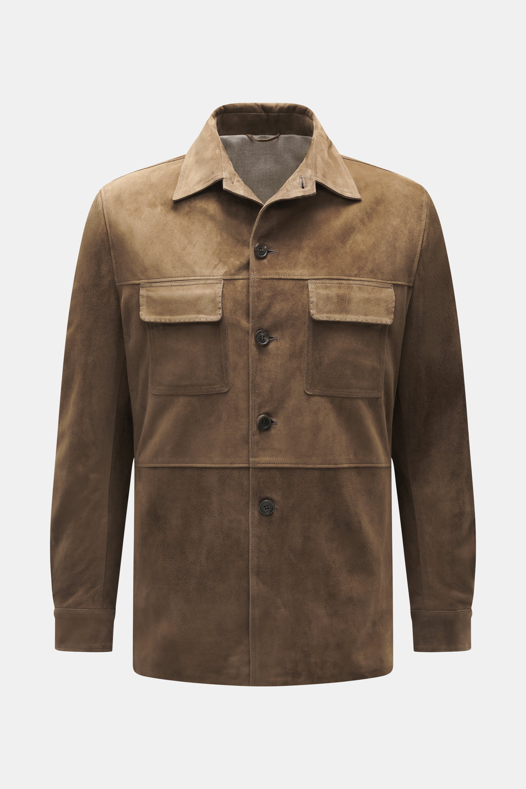 Vorderansicht der Rifugio Velourslederjacke braun aus geschmeidigem Veloursleder, Slim Fit mit Umlegekragen, Brust- und Seitentaschen, Manschetten.
