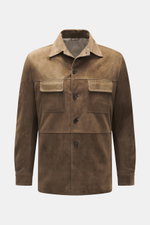 Alt tag (124 characters):
Front view of Rifugio Brown suede leather jacket with five-button placket, turn-down collar, chest and side pockets.

Description to include:
<p>A statement of finest leather craftsmanship: The suede leather jacket by RIFUGIO imp