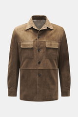 Alt tag (124 characters):
Front view of Rifugio Brown suede leather jacket with five-button placket, turn-down collar, chest and side pockets.

Description to include:
<p>A statement of finest leather craftsmanship: The suede leather jacket by RIFUGIO imp