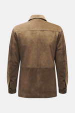 Rear view of the Rifugio Brown suede leather jacket showing its supple suede leather, slim fit, and sleeve cuffs with buttons.

<p>A statement of finest leather craftsmanship: The suede leather jacket by RIFUGIO impresses with its velvety-soft feel and cl