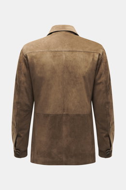 Rear view of the Rifugio Brown suede leather jacket showing its supple suede leather, slim fit, and sleeve cuffs with buttons.

<p>A statement of finest leather craftsmanship: The suede leather jacket by RIFUGIO impresses with its velvety-soft feel and cl