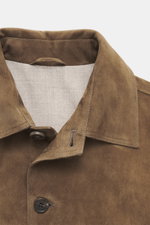 Close-up front view of the Rifugio Brown suede leather jacket showcasing its supple suede, five-button placket, and turn-down collar.

<p>A statement of finest leather craftsmanship: The suede leather jacket by RIFUGIO impresses with its velvety-soft feel