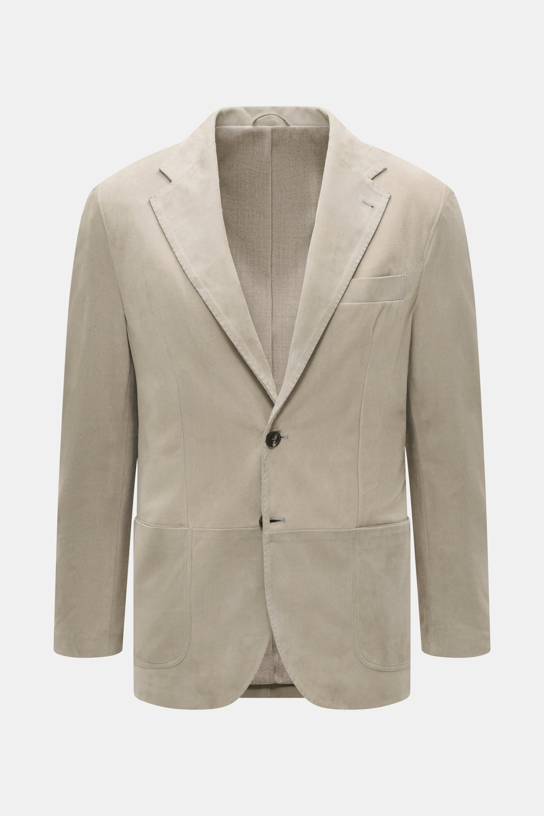 Rifugio Velour leather blazer sand, front view of slim fit noble velour leather jacket with notched lapel, two-button style, patch hip pockets, and virgin wool lining.