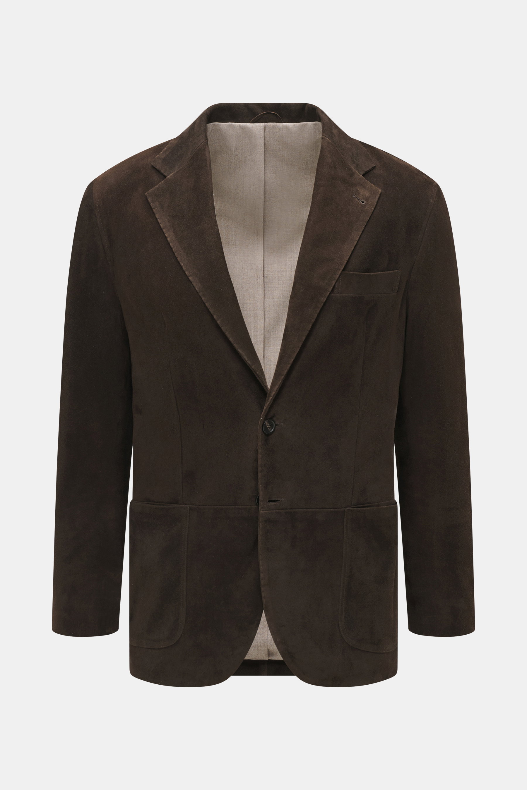 Rifugio Velour leather blazer dark brown shown from the front, slim fit with notched lapel, two-button style, classic breast pocket, patch hip pockets, sleeve cuffs with buttons, rear side vents, and light virgin wool lining. A timeless companion with cha