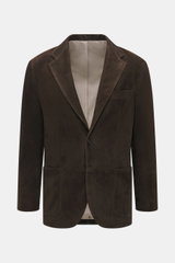 Rifugio Veloursleder-Sakko dunkelbraun, Slim Fit, tailliert, zwei Knöpfe, Revers, Brust- und Hüfttaschen, Schurwollfutter, frontal fotografiert.
