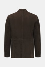 Rückansicht des Rifugio Veloursleder-Sakkos dunkelbraun aus edlem Veloursleder, Slim Fit, Taillierung, dekorative Nähte, Schurwollfutter.
