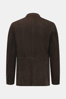 Rückansicht des Rifugio Veloursleder-Sakkos dunkelbraun aus edlem Veloursleder, Slim Fit, Taillierung, dekorative Nähte, Schurwollfutter.