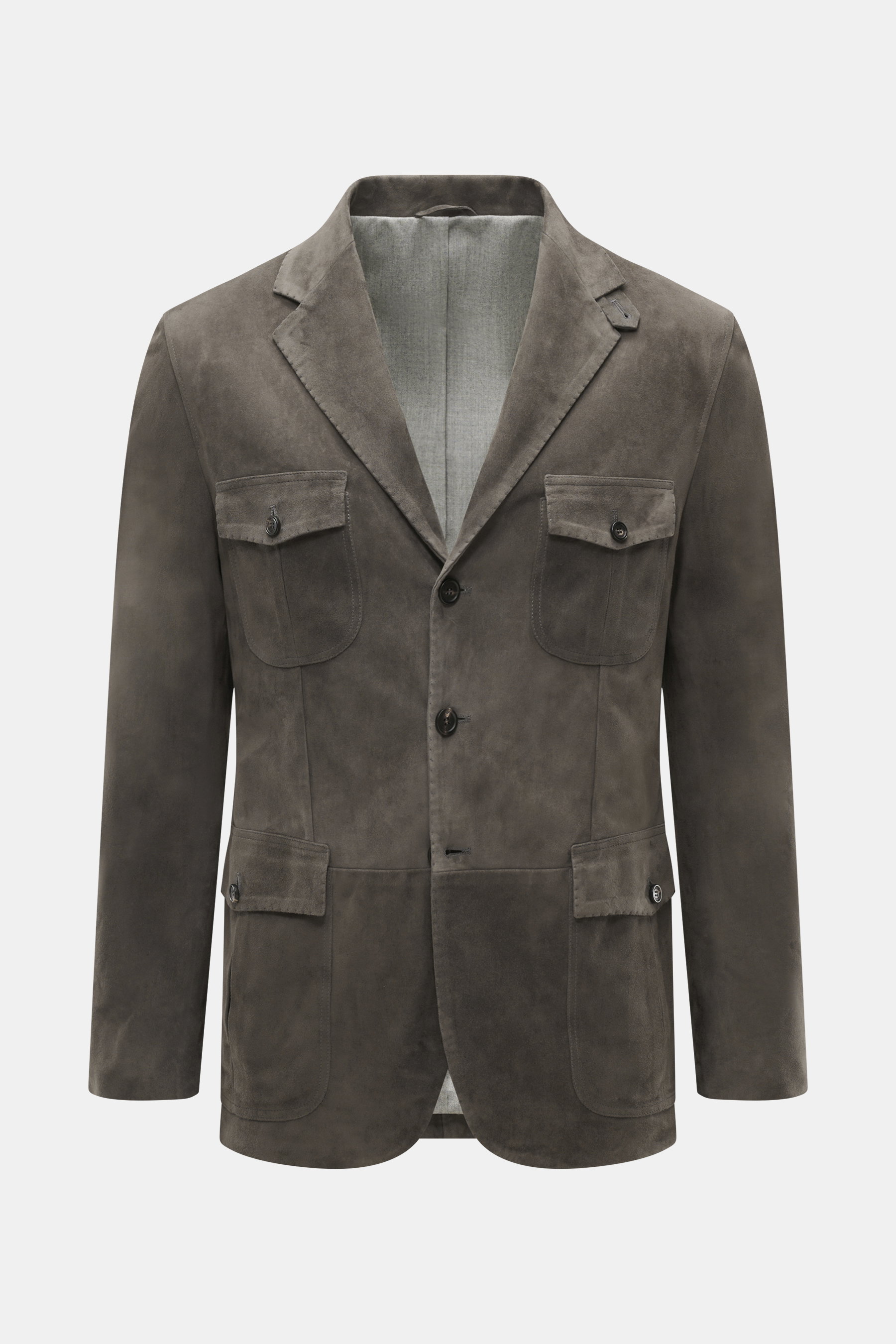Rifugio Veloursleder-Sakko dunkelgrau, frontal fotografiert, Slim Fit, weiches Veloursleder, drei Knöpfe, aufgesetzte Taschen, fallendes Revers.