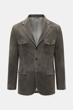 Front view of Rifugio Suede Blazer Dark Grey, a supple suede leather jacket with slim fit, notched lapel, three-button style, patch chest and hip pockets, buttoned sleeve cuffs, rear side vents, soft virgin wool lining, and two inner pockets.