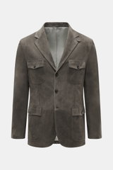 Front view of Rifugio Suede Blazer Dark Grey, a supple suede leather jacket with slim fit, notched lapel, three-button style, patch chest and hip pockets, buttoned sleeve cuffs, rear side vents, soft virgin wool lining, and two inner pockets.