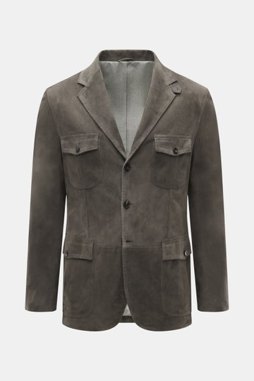 Front view of Rifugio Suede Blazer Dark Grey, a supple suede leather jacket with slim fit, notched lapel, three-button style, patch chest and hip pockets, buttoned sleeve cuffs, rear side vents, soft virgin wool lining, and two inner pockets.