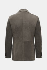 Rifugio Suede Blazer Dark Grey shown from the back, made of supple suede leather with slim fit, notched lapel, button cuffs, and rear side vents.