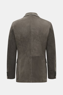 Rifugio Suede Blazer Dark Grey shown from the back, made of supple suede leather with slim fit, notched lapel, button cuffs, and rear side vents.