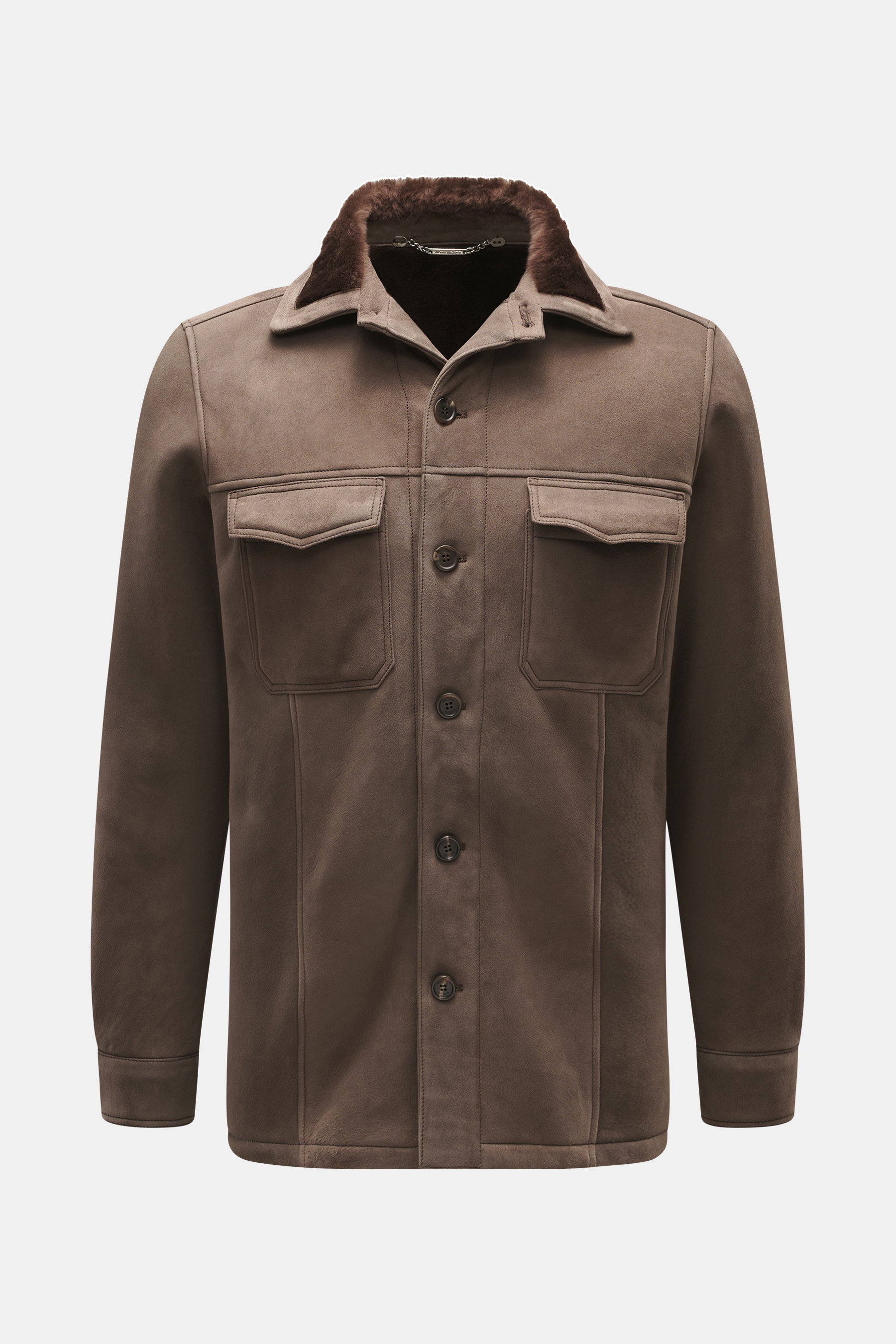 Front-facing view of Rifugio Lamb leather jacket grey-brown in supple suede with soft lamb fur lining, slim fit, six-button placket, turn-down collar with fur trim, patch breast pockets, side seam pockets, and sleeve cuffs. Finest leather craftsmanship by