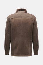 Rückansicht der Rifugio Lammleder-Jacke graubraun aus geschmeidigem Veloursleder mit weichem Griff und Lammfellkragen, Slim Fit.