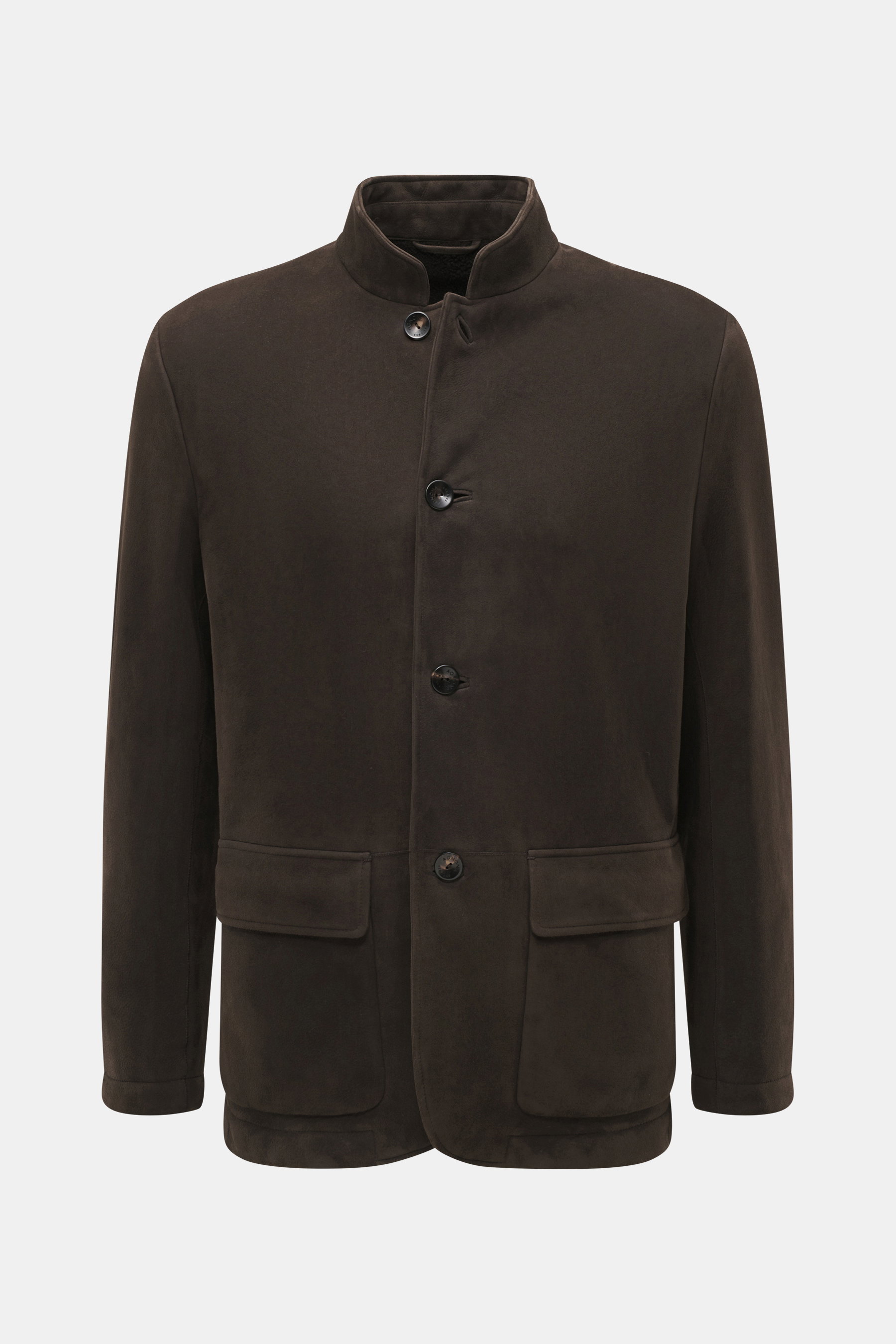 Frontansicht der Agnona Velourslederjacke dunkelbraun aus edlem Lammveloursleder mit Slim Fit, variablem Kragen, Vier-Knopf-Leiste und Fronttaschen.