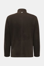 Rückansicht der Agnona Velourslederjacke dunkelbraun aus edlem Lammveloursleder mit variablem Kragen, Metall-Emblem und aufgesetzten Taschen.