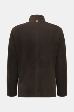 Rückansicht der Agnona Velourslederjacke dunkelbraun aus edlem Lammveloursleder mit variablem Kragen, Metall-Emblem und aufgesetzten Taschen.