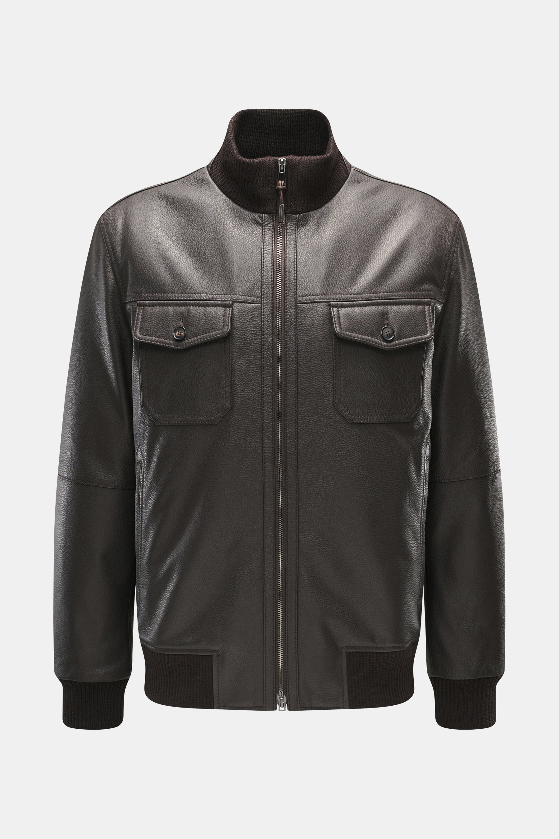 Front view of the Windsor Leather jacket 'Bassano' dark brown made of soft, finely grained leather with knitted collar, patch chest pockets, and two-way zipper.