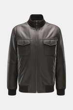 Front view of the Windsor Leather jacket 'Bassano' dark brown made of soft, finely grained leather with knitted collar, patch chest pockets, and two-way zipper.