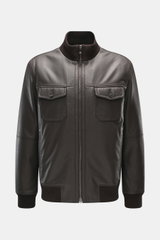 Front view of the Windsor Leather jacket 'Bassano' dark brown made of soft, finely grained leather with knitted collar, patch chest pockets, and two-way zipper.