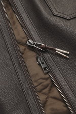 Windsor Leather jacket 'Bassano' dark brown close-up from above showing soft leather, two-way zipper, patch chest pocket, and quilted lining.