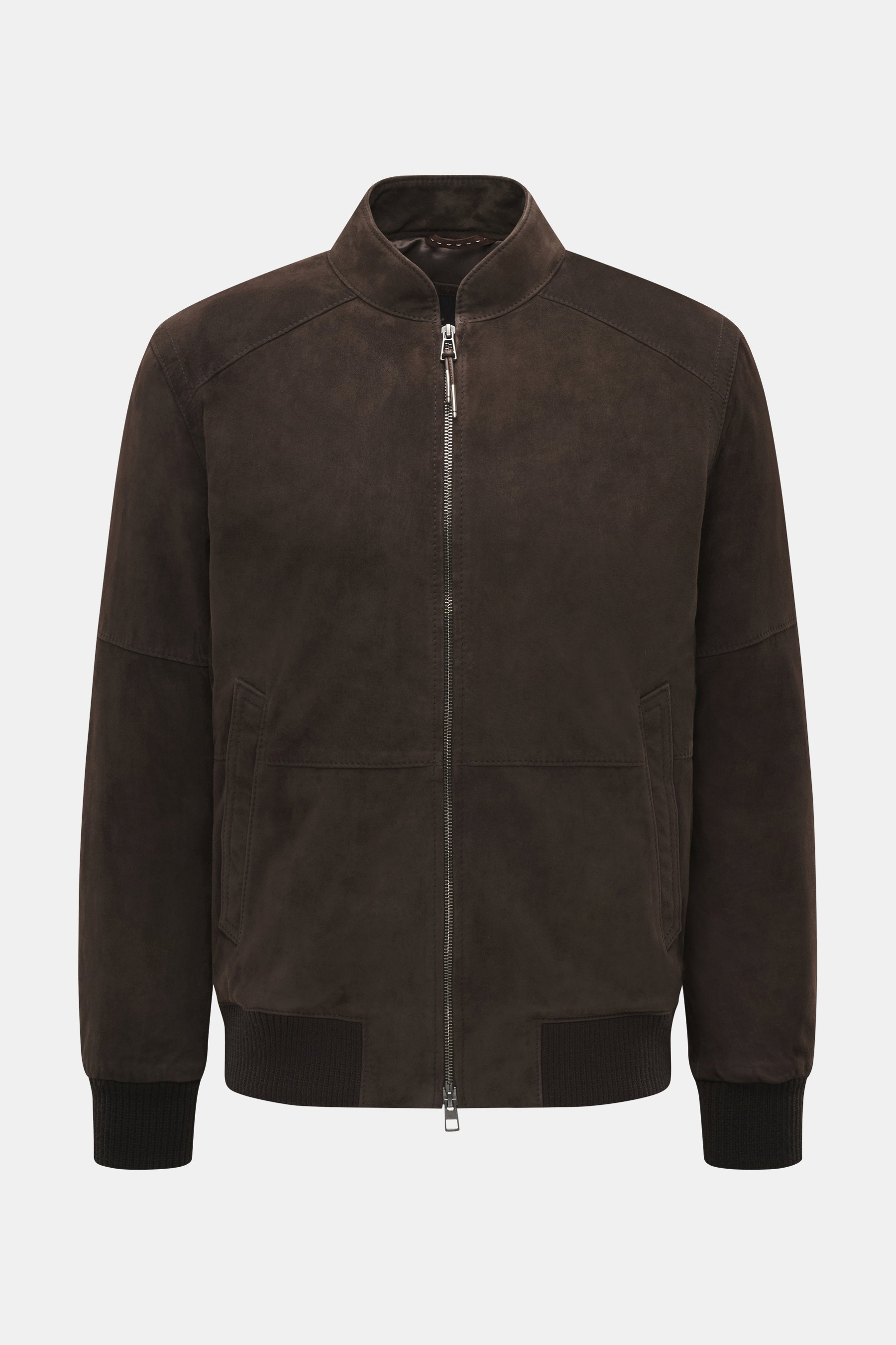 Front view of Windsor Velour leather blouson 'Borello' dark brown, soft goat velour leather, soft feel, light padding, slim fit, stand-up collar, two-way zipper, angled welt pockets, small metal logo on back, knitted elastic cuffs, smooth lining, two insi