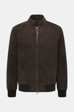 Front view of Windsor Velour leather blouson 'Borello' dark brown, soft goat velour leather, soft feel, light padding, slim fit, stand-up collar, two-way zipper, angled welt pockets, small metal logo on back, knitted elastic cuffs, smooth lining, two insi